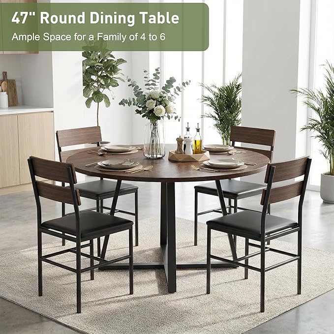 Round Dining Table for 4-6 with Storage Shelf, Kitchen & Dining Room Circle Pedestal Table, Heavy Duty Metal Frame & Wood Top