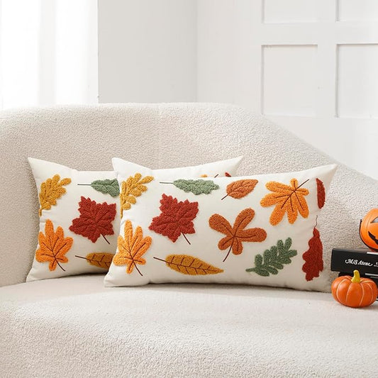 12x20 Lumbar Throw Pillow Covers Set of 2 Fall Thanksgiving Farmhouse Leaf Maple Leaves Decorative Embroidery Cushion Cases Decor Home Decorations for Couch Patio Bed Room Livingroom Sofa Porch