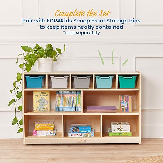 ECR4Kids 5+5 Cubby and Storage Mobile Tray Cabinet, Classroom Furniture, Natural