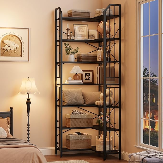 GarveeHome Corner Bookshelf 86" l Shaped Bookcase, Corner Bookshelves Black Bookcase 7 Tier l-Shape Bookshelf, Large Bookcases with Beaded Design Tall Display Rack Shelf for Living Room Bedroom