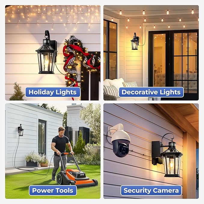 Gleamz Porch Lights Outdoor with GFCI Outlet, Black Motion Sensor Light Wall Mount, 100% Aluminum Anti-Rust Waterproof Outside Light Fixture for House Patio Garage, Adjustable Distance Time, 5 Modes