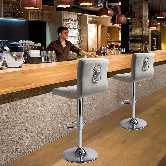 Finnhomy Bar Stools Set of 2 Counter Height, Swivel Barstools with Footrest and L Shape Thicken Cushion Back Handle, Height Adjustable Modern Bar stools for Kitchen, Velvet Fabric, Light Grey