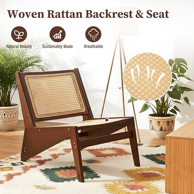 Rattan Chair 2Pcs, Mid-Century Accent Chair, Rattan Lounge Chair for Living Room, Boho Side Corner Comfy Chair for Bedroom and Balcony, Walnut