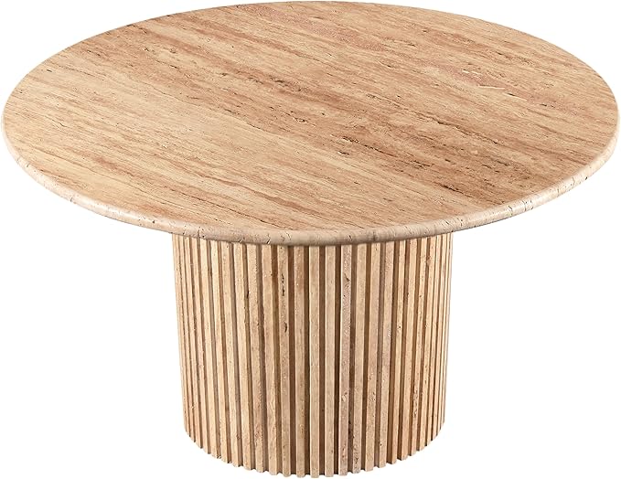Meridian Furniture 248Travertine-DT48 Genoa Collection Art Deco Dining Table with Handcrafted Genuine Travertine, Natural Travertine Beige Color, 48" W x 48" D x 30" H, Beige