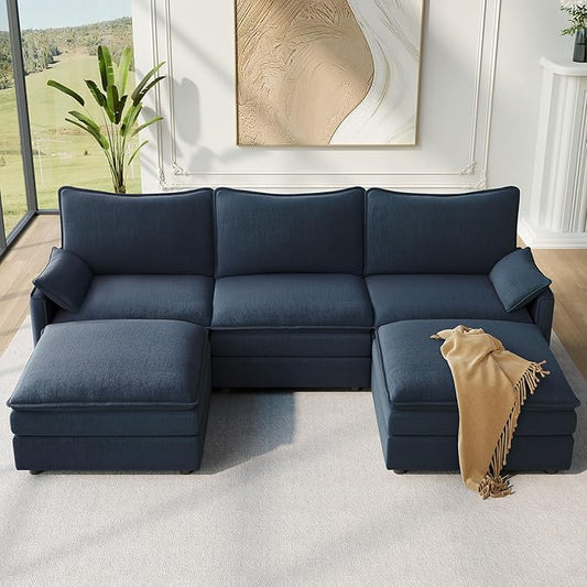Vesgantti 108" U Shaped Sectional Couch, Deep Seat Cloud Modular Sectional Sofa with 2 Ottoman, Modern Chenille Cloud Sofa Height Adjustable for Living Room, Bedroom and Apartment, Blue | Sink-in Comfort, Height Adjustable, Easy Rearrangement, Extra-de...