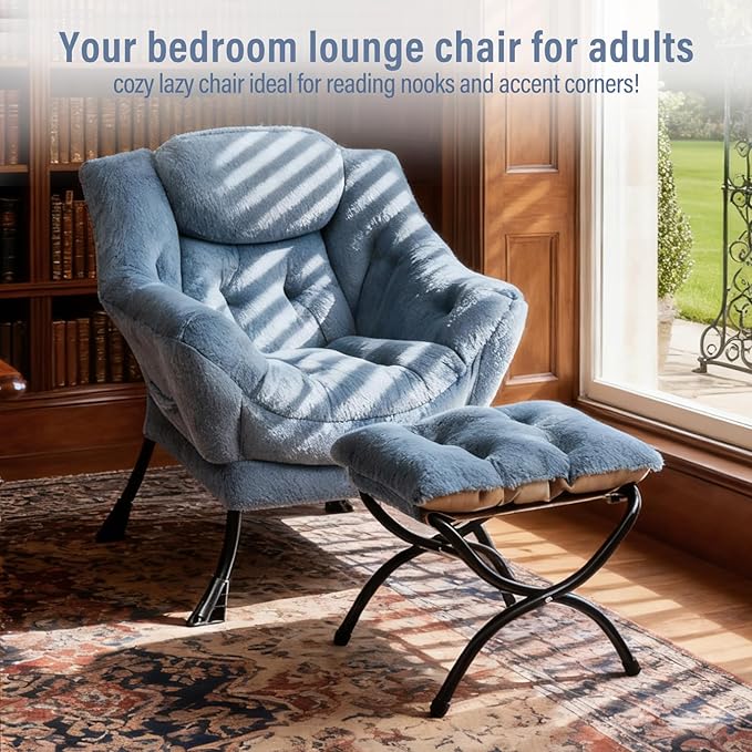 Lazy Chair with Ottoman, Modern Chair with Folding Footrest, Plush Light Blue Accent Chair, Comfortable Reading Chair, Oversized Armchairs for Bedroom, Study, Living Room, Courtyard
