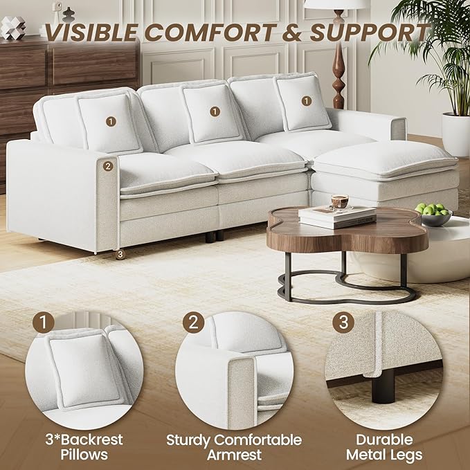 MALOL Modular Sectional Sofa 107", Comfy Cloud Couch with Ottoman, Deep 4-Seat L Shaped Modular Sofa, Couches with Throw Pillows for Living Room, Beige