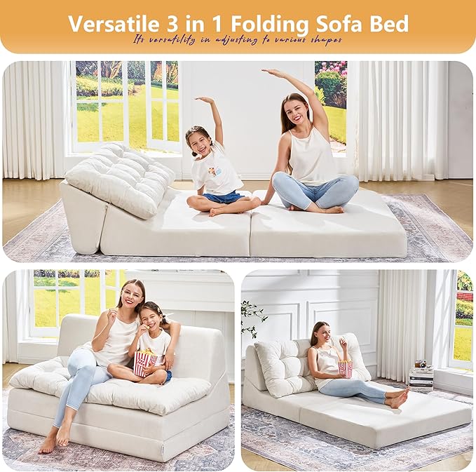 Hobestluk Sofa Couch Folding Sofa Bed Sleeper Comfy Floor Lounger Loveseat Sofa with Removable Cushion Couches Foldable Mattress for Living Room Bedroom or Office (Chenille Beige, Oversize)