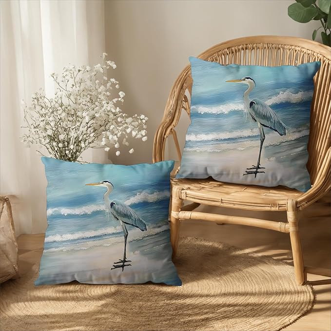 Beach Blue Pillow Covers Nautical Coastal Heron Throw Pillow Covers 24x24 Set of 2 Summer Ocean Bird Decorative Pillow Cases Outdoor Cushion Cover for Bed Sofa Couch Patio