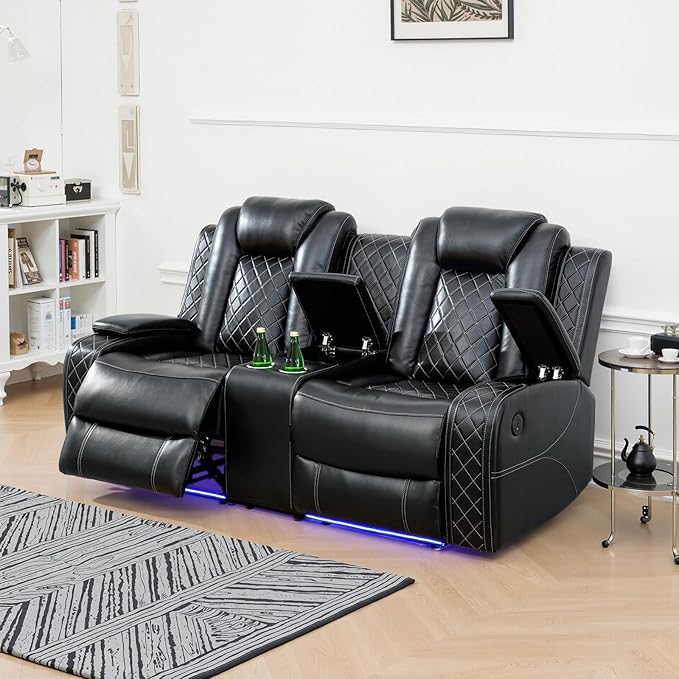 Power Recliner Sofa Set for Living Room, Leather Reclining Sofa Sets with Storage Console, Living Room Furniture Sets with LED Lights(Loveseat,Black)