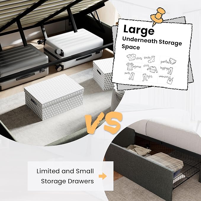 SHA CERLIN King Size Lift Up Storage Bed Frame,Button Tufted Wingback Headboard,Upholstered Platform,Hydraulic Storage,Wooden Slat Support,No Box Spring,Dark Grey