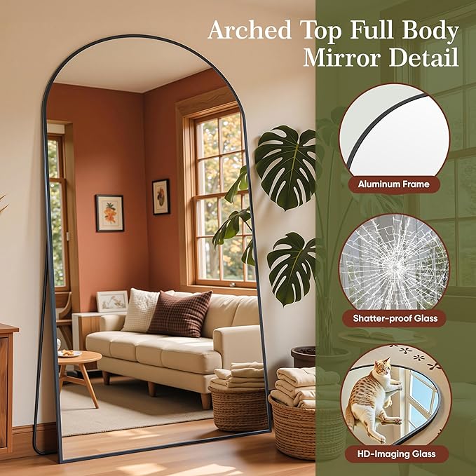Full Length Mirror, 78"x38" Arched Full Body Mirror, Floor Mirrors with Stand, Body Mirrors Standing Hanging Leaning Against Wall,Aluminum Frame Mirrors for Bedroom Cloakroom,Living Room,Black