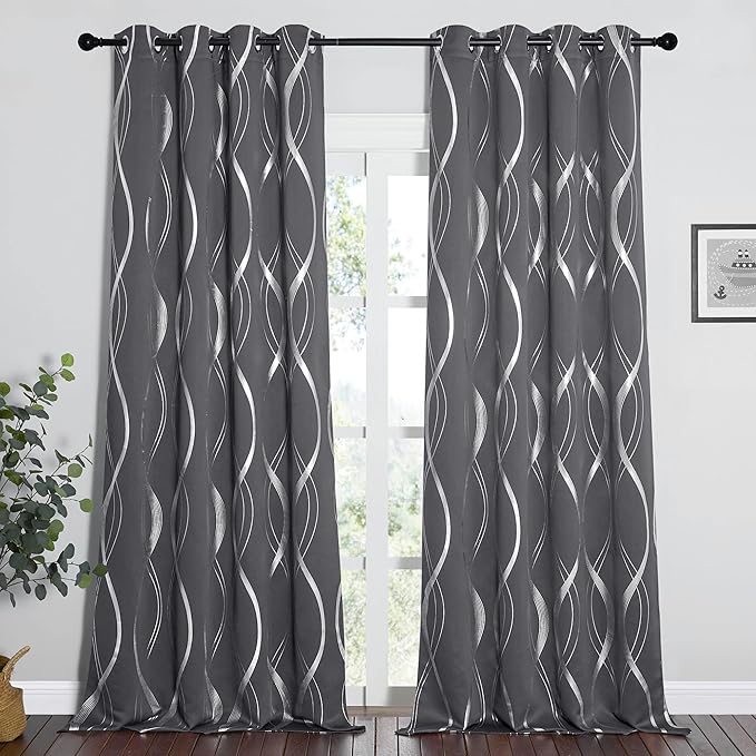 NICETOWN Extra Long Blackout Curtains for Large Window, Grey, 52" x 102", 2 Panels, Foil Printed Wave Lines Energy Saving Thermal Insulated Blackout Draperies for Kids Nursery Boys Bedroom