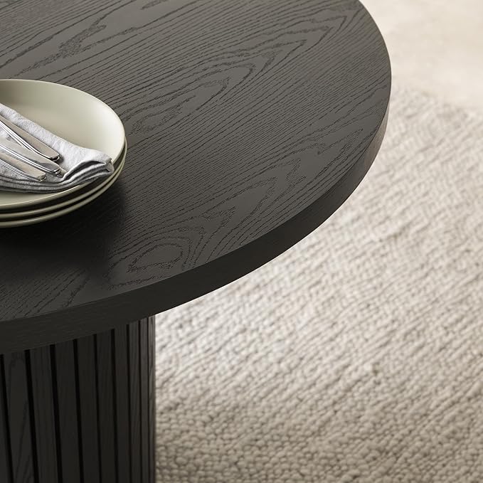Transformer Table - Solid Wood Extendable Round Dining Table Set with Bench, Seats 4-10, Extendable Round Dining Set, Seat with Hidden Panel Storage, Black (Table + Bench)