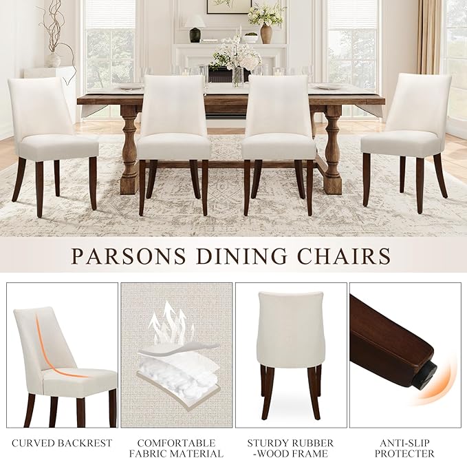 Upholstered Dining Chairs Set of 4, Mid Century Modern Kitchen Chairs with Back, Farmhouse Fabric Side Dining Room Chairs with Wood Legs for Dining Room Restaurant, Beige