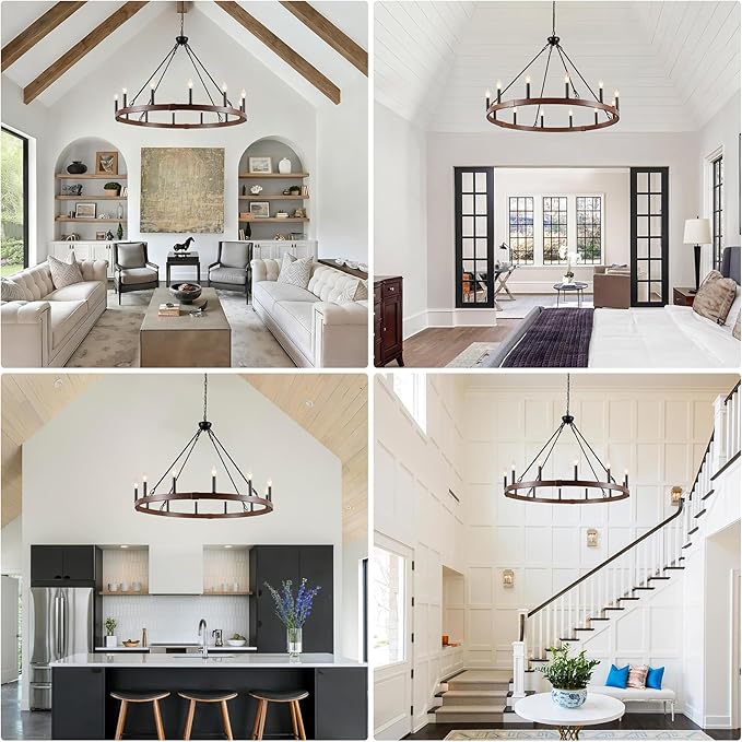 Wagon Wheel Chandelier 37.4 inch, 12-Light Farmhouse Wagon Wheel Chandelier with Dark Wood Grain Finish, Round Industrial Farmhouse Chandeliers for High Ceilings Living Dining Room Foyer Outdoor Porch