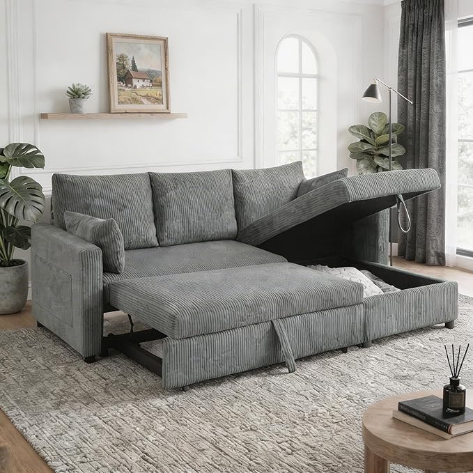 Sectional Sleeper Sofa with Pull Out Bed, L Shape Convertible Sofa Bed Couch with Storage Chaise, 3 in 1 Pull Out Sofa Bed with 3 Seats for Living Room,Apartment, Gray, 85Inch
