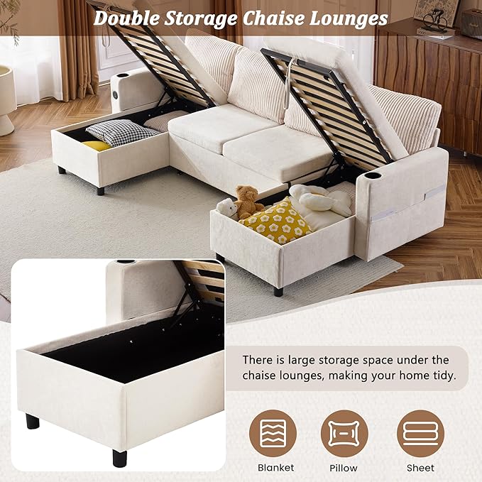 ERYE 113-Inch U-Shaped Pull Out Sleeper Couch Bed, Modern U Shaped Symmetrical Sleeper Sectional Sofa Convertible Sofa Bed with Storage Chaises & USB-C Ports for Living Room