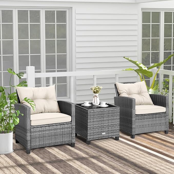 Tangkula 3 Pieces Patio Furniture Set, PE Rattan Wicker 3 Pcs Outdoor Sofa Set w/Washable Cushion and Tempered Glass Tabletop, Conversation Furniture for Garden Poolside Balcony (Mix Grey-White)