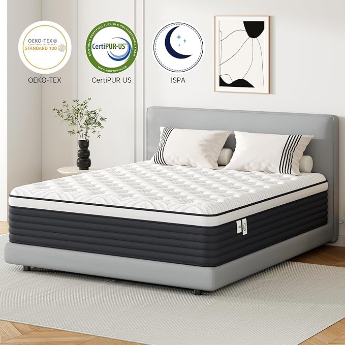 COOLMI King Size Mattress, 12 Inch Hybrid Memory Foam Mattress in a Box, Pressure Relief for Back Support, Medium Firm, Individually Pocket Springs, 100-Night Trial & CertiPUR-US Certified,Grey King