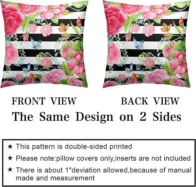 Spring Summer Pillow Covers 18x18 Set of 2 Rose Throw Pillow Covers Butterfly Flowers Pillow Case Black Stripes Cotton Blend Cushion Case for Home Decor Couch Sofa