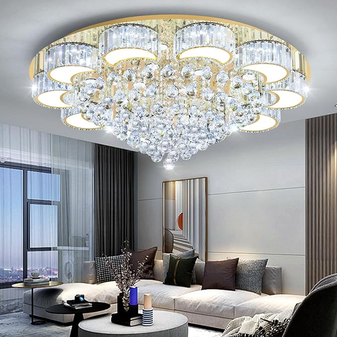 39.4'' Gold Modern Crystal Chandeliers for Dining Room LED Dimmable Light Fixtures Flush Mount Light Living Room Bedrooms