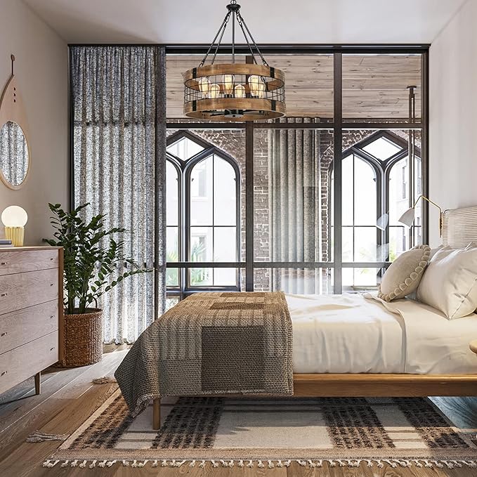 6-Light Farmhouse Wood Chandelier for Dining Room, Rustic Foyer Light Fixtures, Industrial Drum Hanging Lights for Kitchen Island Entryway, Nature Wood Texture and Black Metal Finish