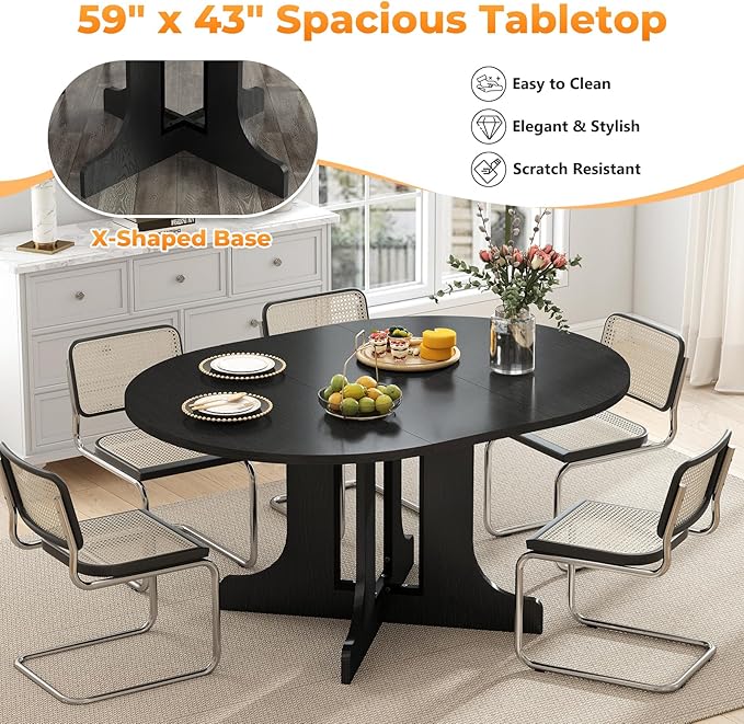 43"-59" Extendable Dining Room Table for 4-6, Expandable Round Dining Table, Oval Tabletop with Trestle X-Shaped Base & Metal Track for Office, Living Room-Black