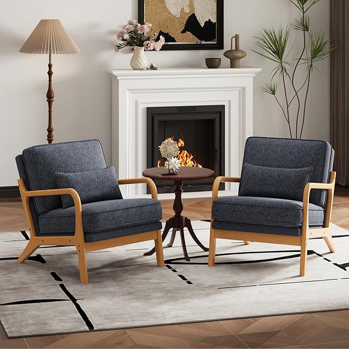 Modern Accent Chair Set of 2 with Lumbar Pillow, Relaxing Mid Century Chair Armchair with Solid Wood Frame & Soft Cushion, Reading Leisure Armchair for Living Room, Blue