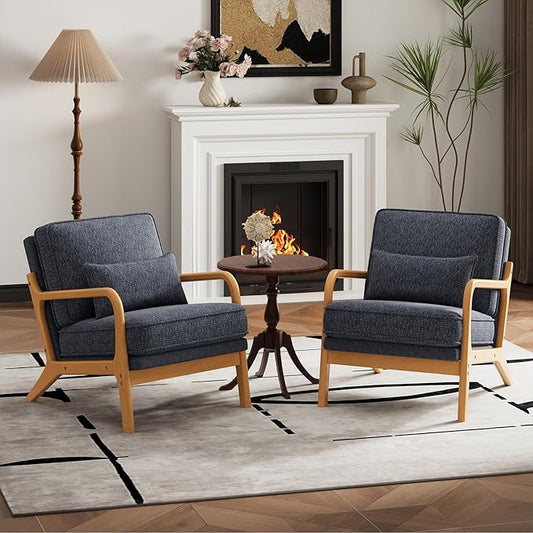 Modern Accent Chair Set of 2 with Lumbar Pillow, Relaxing Mid Century Chair Armchair with Solid Wood Frame & Soft Cushion, Reading Leisure Armchair for Living Room, Blue