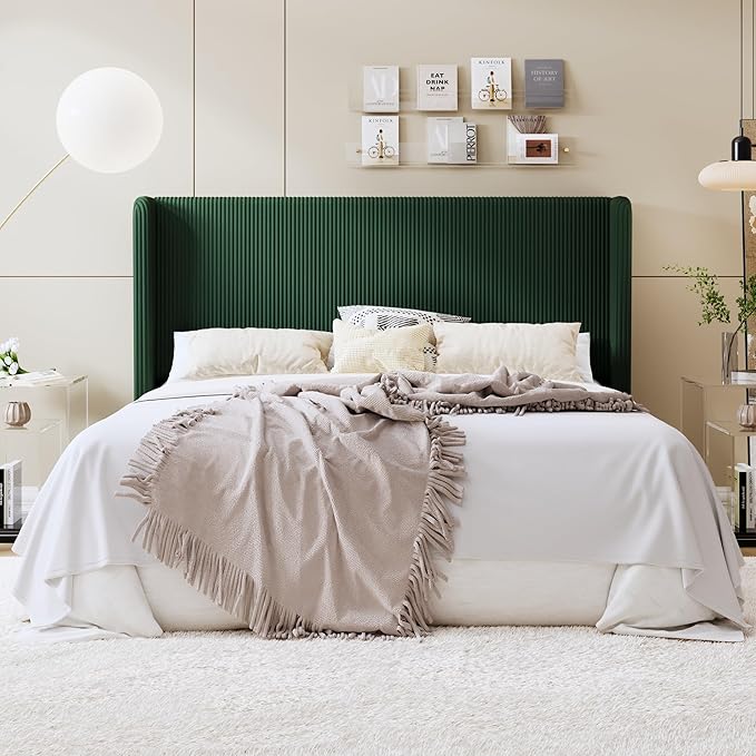 SHA CERLIN King Size Corduroy Upholstered Platform Bed Frame with Vertical Channel Tufted Wingback Headboard, 8" Under Bed Storage, Wooden Slats & Metal Frame Support, Easy Assembly, Dark Green