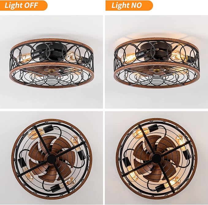 NORFOLK Farmhouse Ceiling Fans with Lights and Remote, 20'' Low Profile Caged Lighting with Bladeless Fan, Rustic Flush Mount with E26 Bulb Base for Bedroom, Living Room, Patios