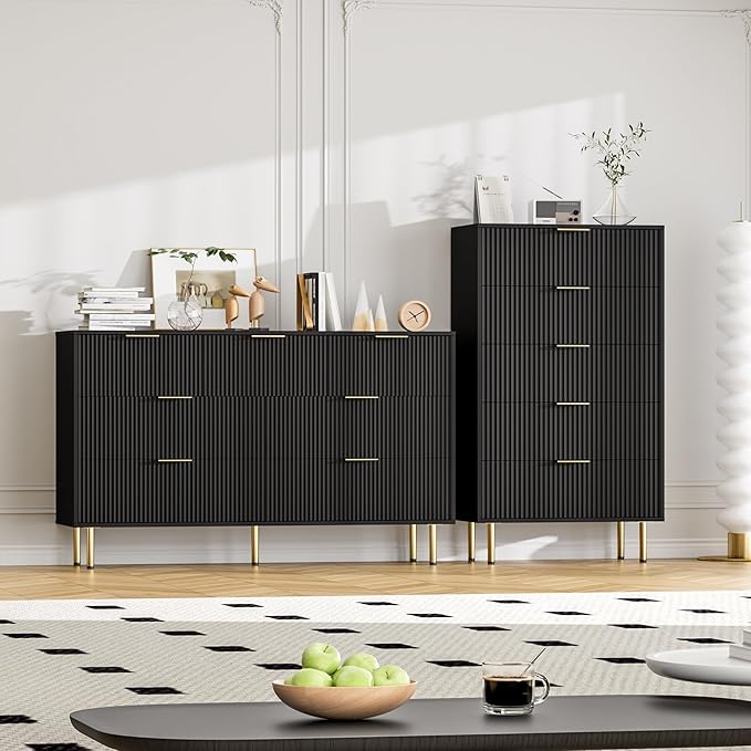 GAOMON 7 Drawer Dresser for Bedroom Chest of Drawers, 55" Wide Fluted Dresser with Drawers, Modern Wooden Double Dressers with Metal Handles for Living Room, Hallway