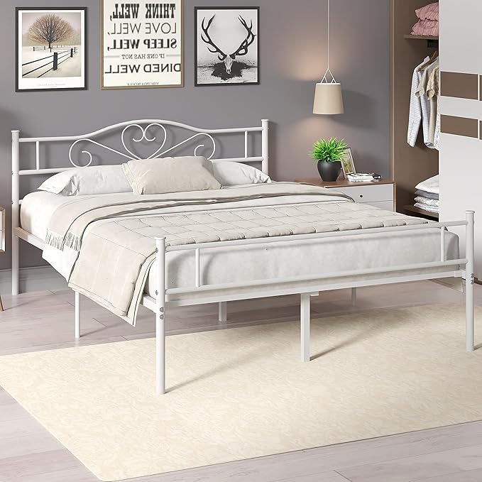 VECELO Full Size Metal Platform Bed Frame with Headboard and Footboard, Heavy Duty Mattress Foundation with Steel Slats Support, No Box Spring Needed, White