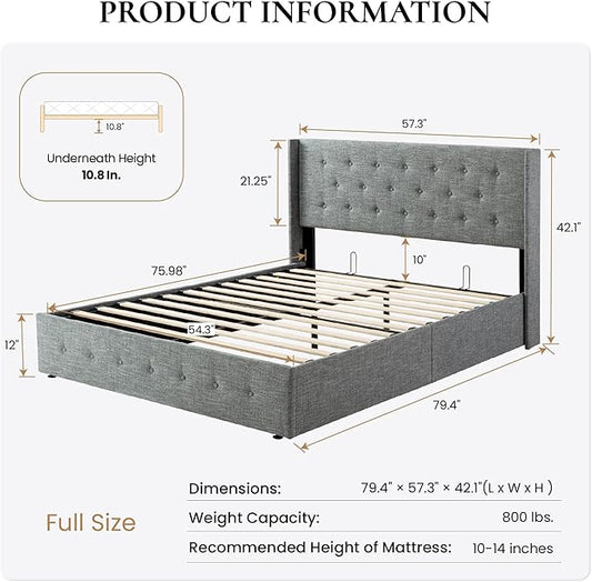 SHA CERLIN Full Size Lift Up Storage Bed Frame,Button Tufted Wingback Headboard,Upholstered Platform,Hydraulic Storage,Wooden Slat Support,No Box Spring,Grey Blue