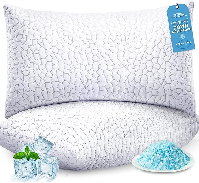 Yettbea Adjustable Shredded Memory Foam Pillows King Size Set of 2, Luxury Cooling Bamboo Rayon Pillow w/Washable Zippered Cover, Soft or Firm Support Bed Pillow for Side, Back, Stomach Sleeper