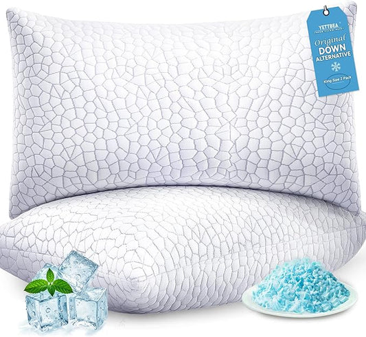 Yettbea Adjustable Shredded Memory Foam Pillows King Size Set of 2, Luxury Cooling Bamboo Rayon Pillow w/Washable Zippered Cover, Soft or Firm Support Bed Pillow for Side, Back, Stomach Sleeper