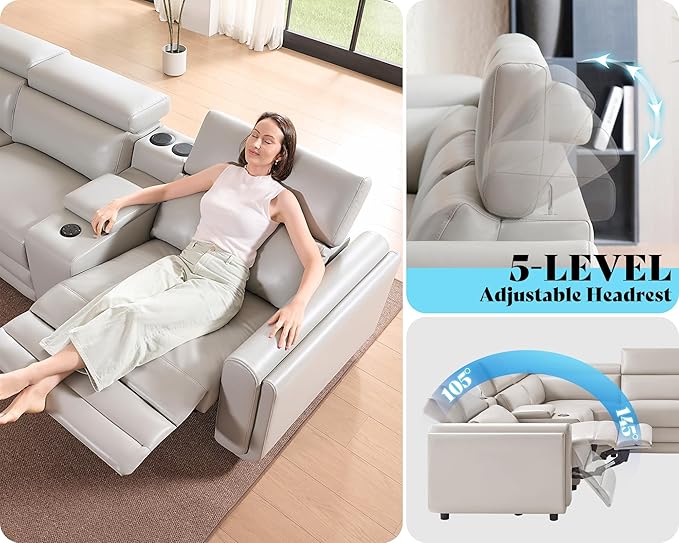 AMERLIFE Power Recliner Sofa, 129 Inch Oversized Reclining Sofa with Console & Speaker, 5 Seats L Shaped Sectional Couch for Living Room, Light Grey Leather