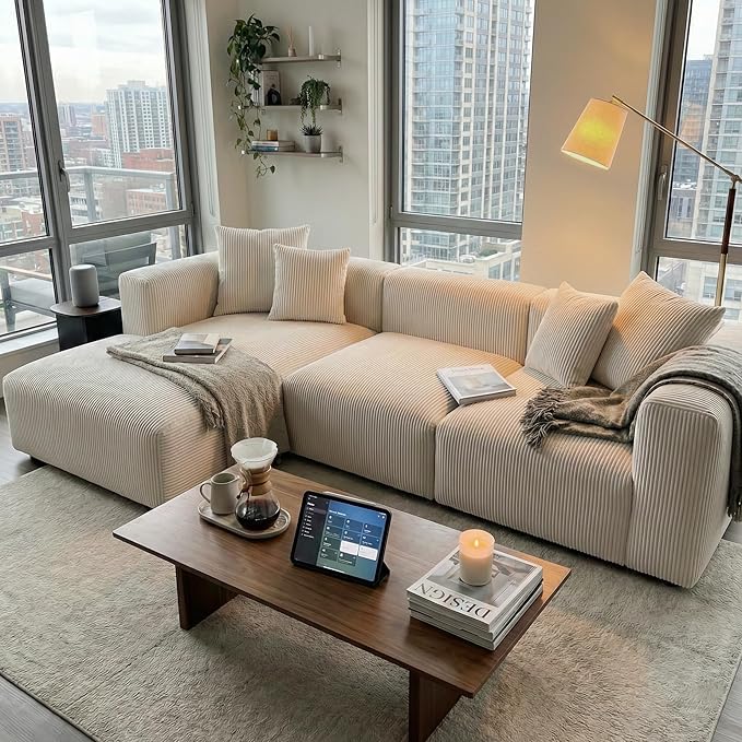 Acanva Convertible Modular Sectional Sofa with Movable Ottomans, Free Combination Corduroy Couch for Living Room Apartments, L-Shaped, White