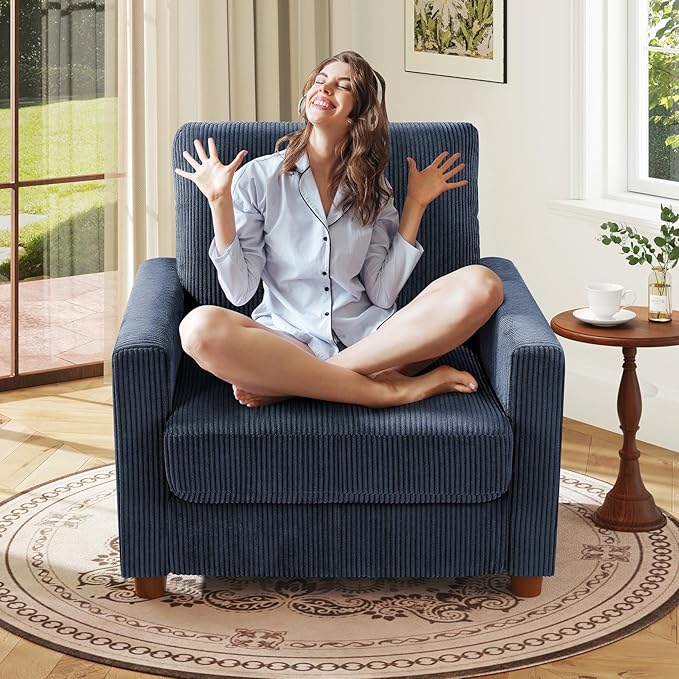 Kidirect 35.5in Oversized Accent Chair, Easy to Assemble Living Room Chairs, Corduroy Reading Chair for Bedroom, 22.5in Deeper Seats Accent Chairs for Living Room, Comfy Armchair Reading Nook, Blue