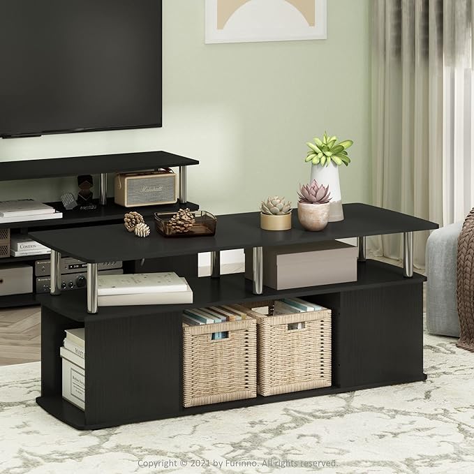 Furinno JAYA TV Stand, 3-Tier Entertainment Center with Open Shelf, TV Console for TV up to 50 Inch with Side Open Storage Compartments, for Living Room, Bedroom, Americano/Stainless Steel Tubes