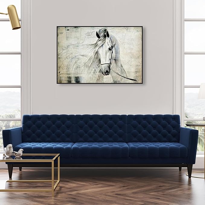 Country Farmhouse Canvas Print Painting Animal Wall Art 'Southern White Horse' Black Framed Canvas Rustic Home Décor 45x30 in Gray, Brown by Oliver Gal