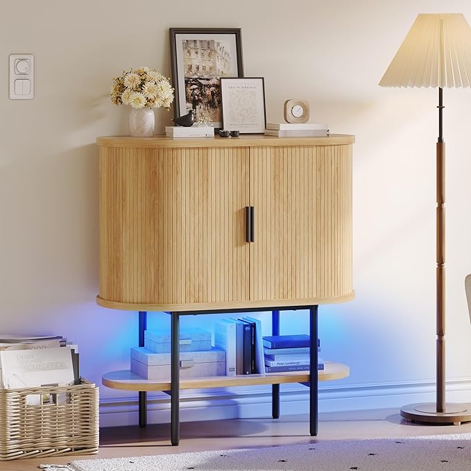 YITAHOME Sideboard Buffet Cabinet with LED Light, Fluted Storage Cabient with Sliding Door, Wine Rack and Glass Holders, Home Coffee Bar Cabinet with Storage for Kitchen, Living Room, Natural Oak
