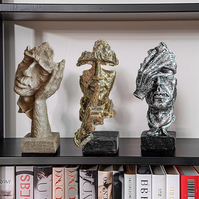 3 Pcs Thinker Statue, Silence is Sandstone Abstract Art Figurine, Modern Home Resin Decorative Objects Decor for Home Office Bookshelf Desktop,No Hear No See No Speak Knick Knacks