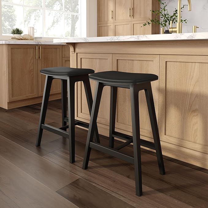 Plank+Beam Beryl Counter Height Stool - Mid-Century Modern Rubberwood Bar Stool with Faux Leather Seat, Metal Footrest, Easy Assembly, 4-Pack, Black/Black
