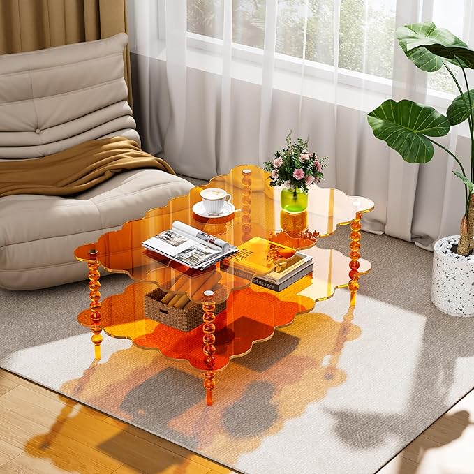 Acrylic Coffee Table, 2-Tier Living Room Table with Storage, Center Table Mid-Modern Century for Living Room, Easy to Assemble (Orange, 37.8“×23.6“×15.7”)