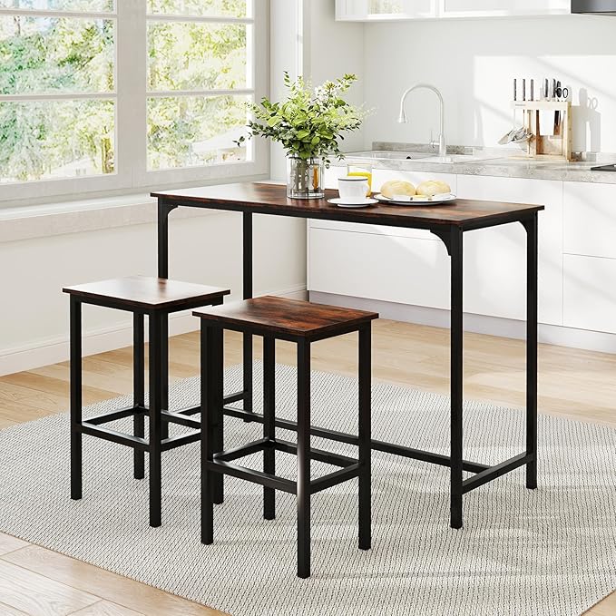 COSTWAY 3-Piece Dining Table Set, 47.5" Industrial Counter-Height Kitchen Table and 2 Bar Stools, High Top Rectangular Pub Table and Chairs for Dining Room Small Place Breakfast Nook Bistro (Coffee)