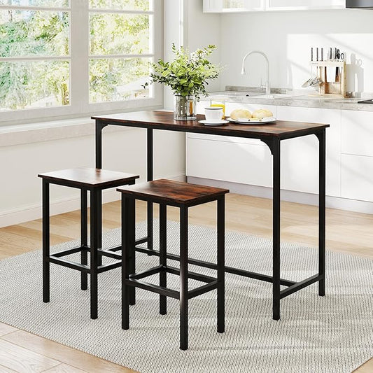 COSTWAY 3-Piece Dining Table Set, 47.5" Industrial Counter-Height Kitchen Table and 2 Bar Stools, High Top Rectangular Pub Table and Chairs for Dining Room Small Place Breakfast Nook Bistro (Coffee)
