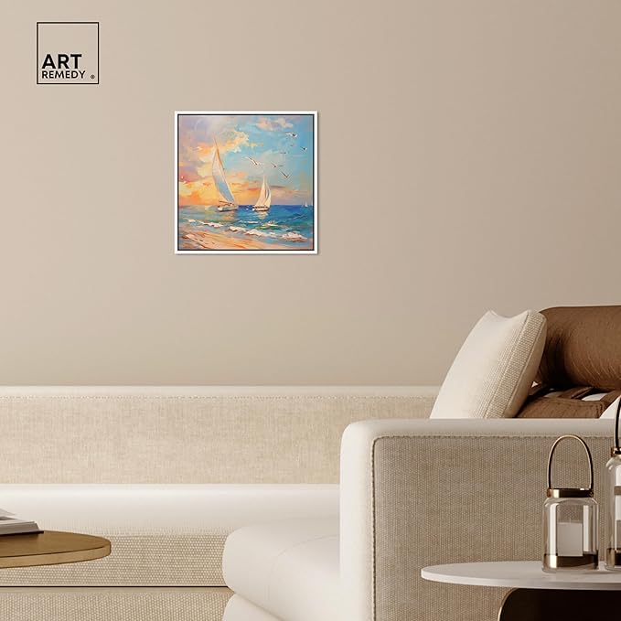 Art Remedy Sailboats In The Sunset Framed Sailing 1 Piece Canvas Wall Art, 17" x 17", White Frame