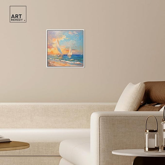 Art Remedy Sailboats In The Sunset Framed Sailing 1 Piece Canvas Wall Art, 17" x 17", White Frame